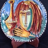 Cubist decorative plate, girl with pitcher, signed Savioli