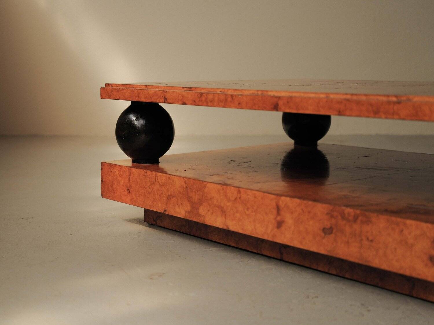 Large coffee table in elm burl, circa 1970.