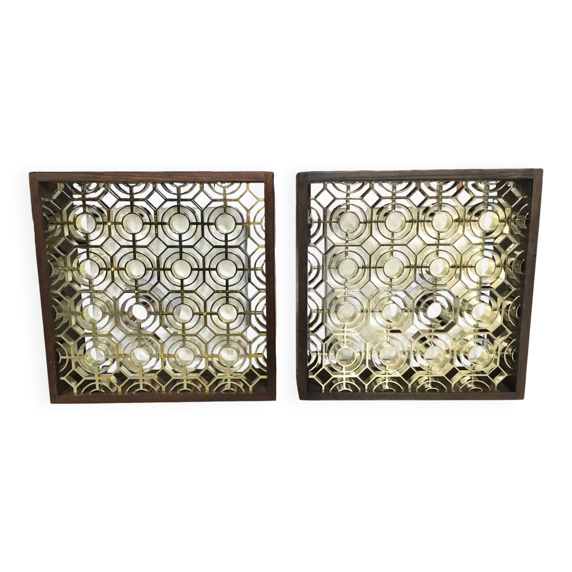 Pair of wooden frame wall lights, Odreco