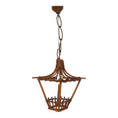 Lampe vintage en rotin, luminaire ancien osier à suspendre