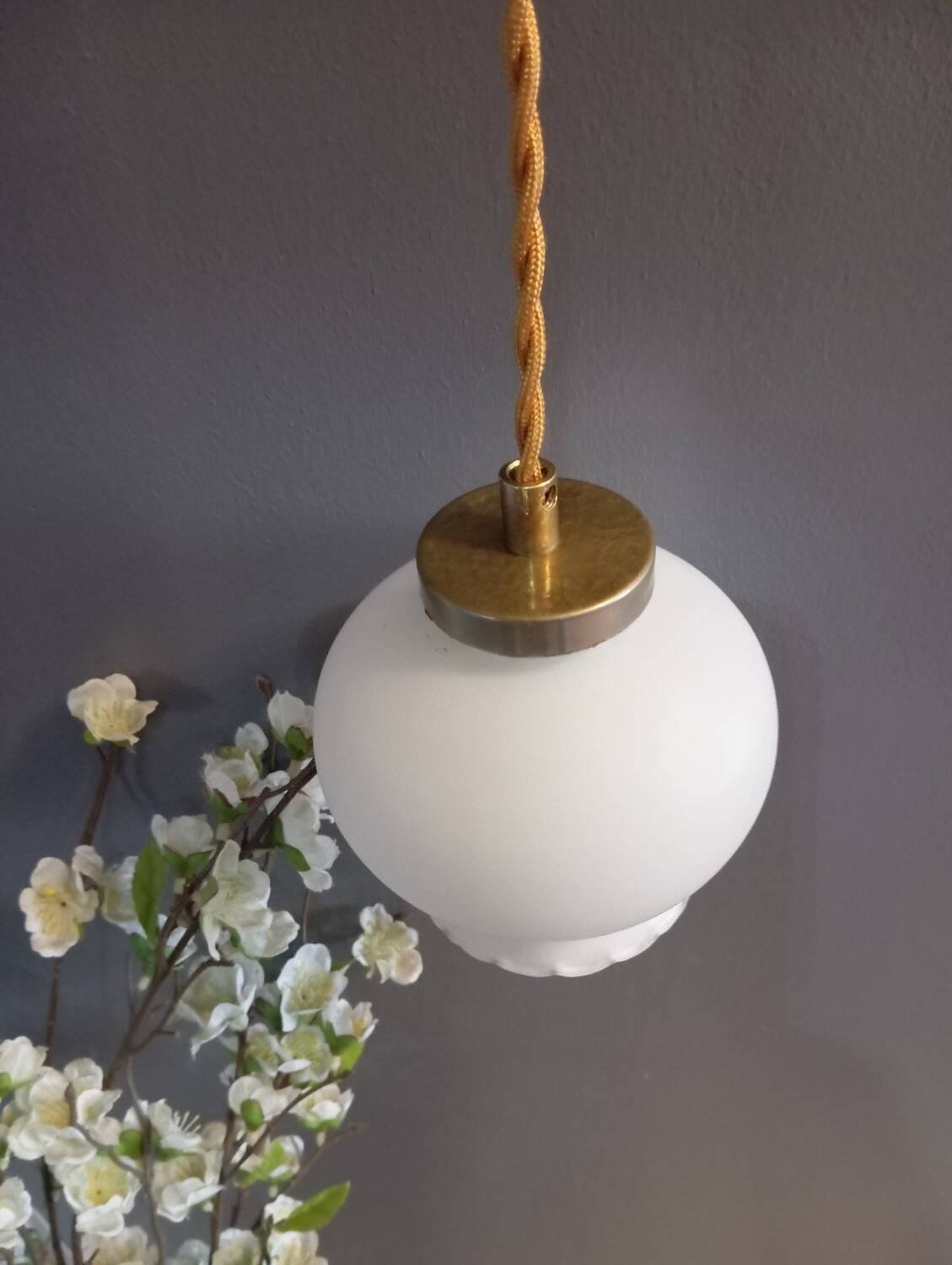 White opal curved glass hanging lamp, art deco style