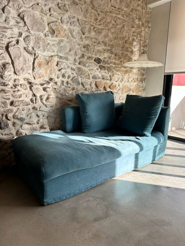 Méridienne Caravane – chaise longue en lin bleu canard