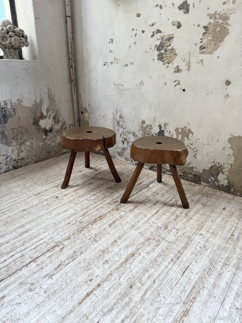 Pair of oak tripod shepherd's stools