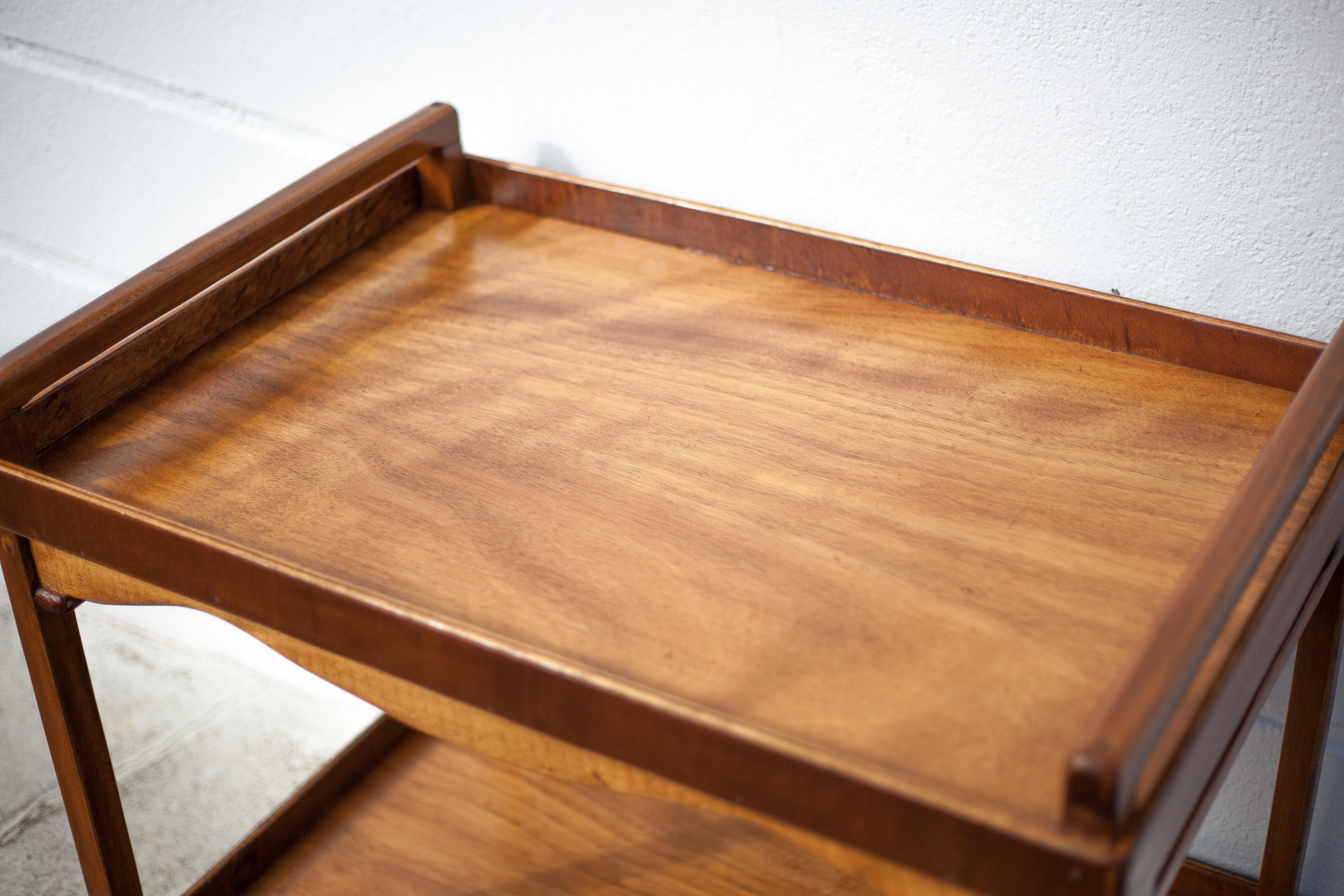 Wooden service with wheels, rolling trolley, rolling bar, wooden lounge furniture, vintage