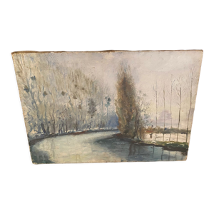 Toile 'rivière d'hiver 1950s