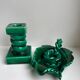 Duo de bougeoirs en céramique barbotine verts années 50