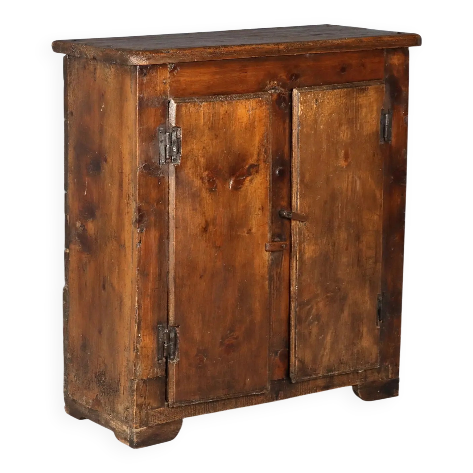 Antique pine wardrobe painted in walnut stain, restorations, Italy, 17th century.
