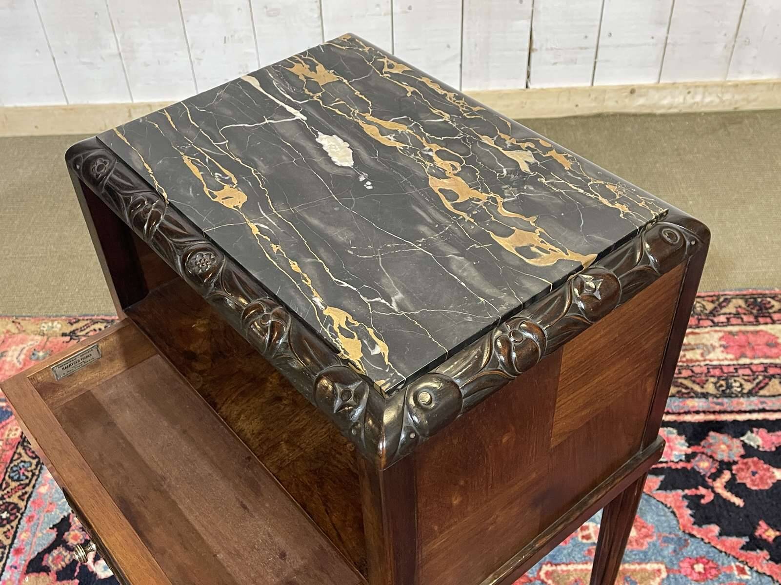 Art Deco bedside table in rosewood, walnut burl, and marble top.