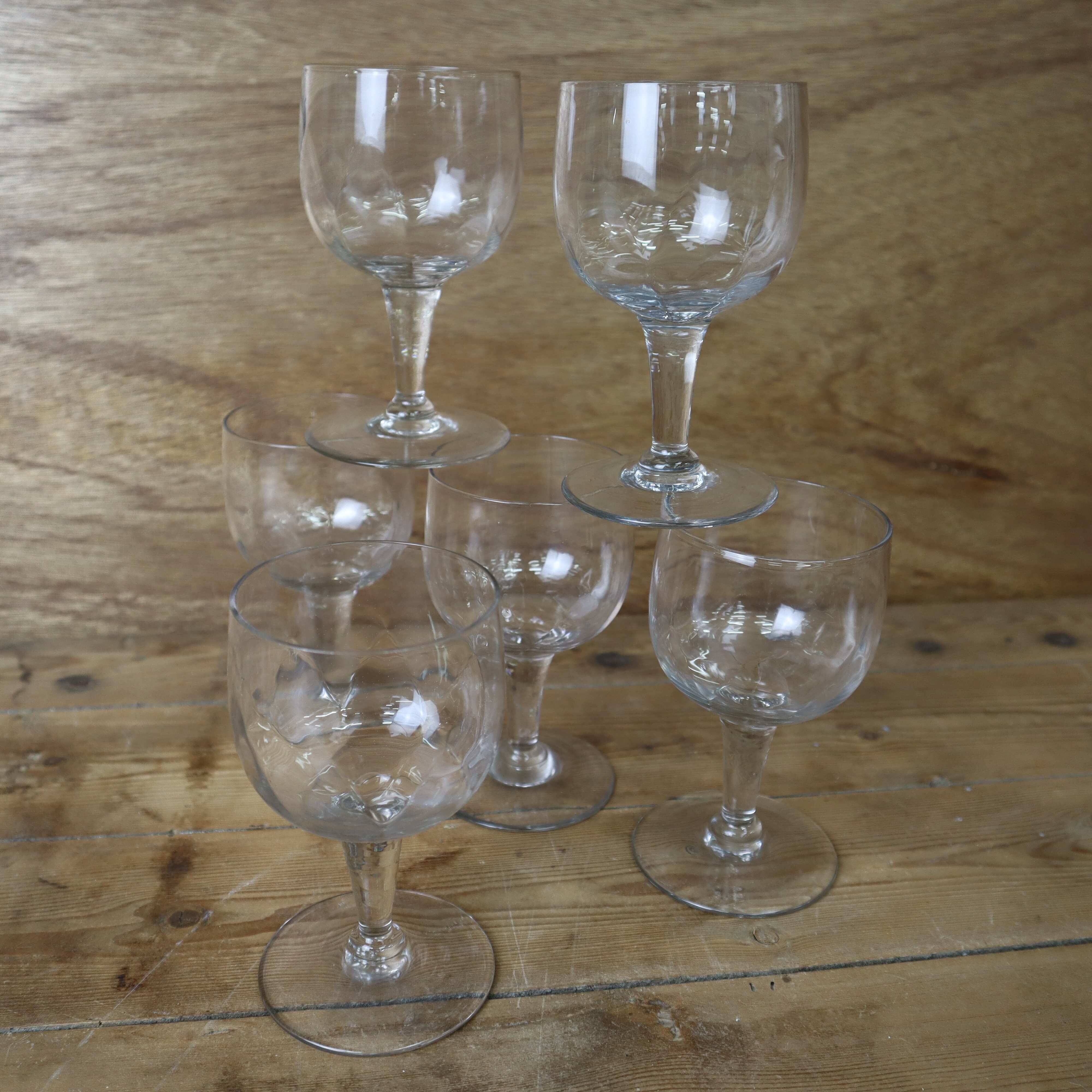 6 Antique Hand Blown Clear Faceted Red Wine Glasses 50's
