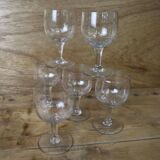 6 verres à vin à pied soufflés main transparent, 1950