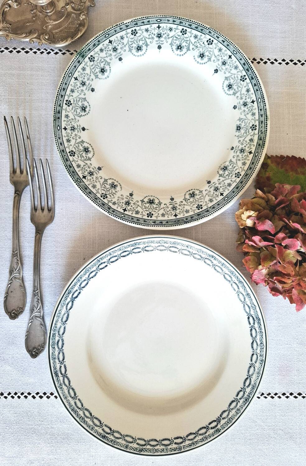 Mismatched antique ironstone dinner plates
