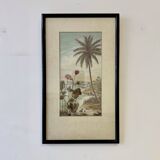 Vintage Print of Lotus Flower and Palm Tree Black Frame