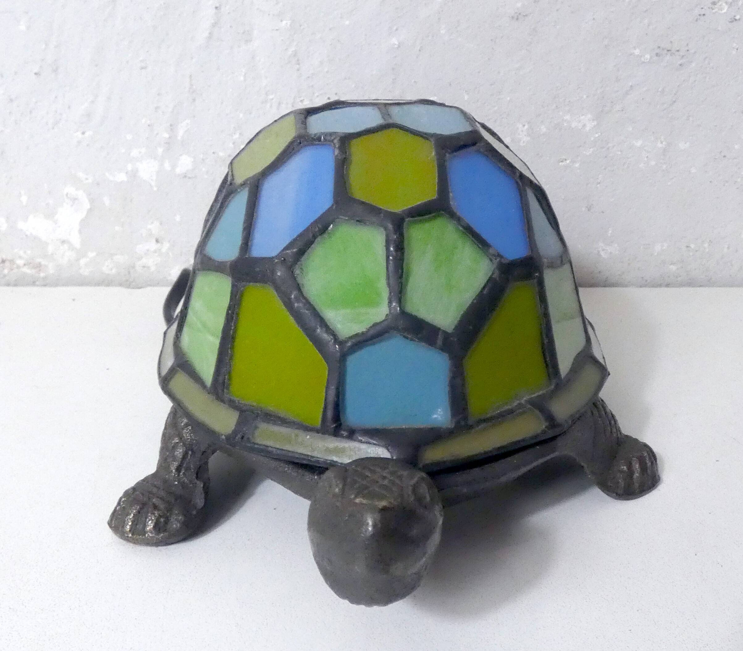 Tiffany style turtle lamp in vintage blue-green glass paste