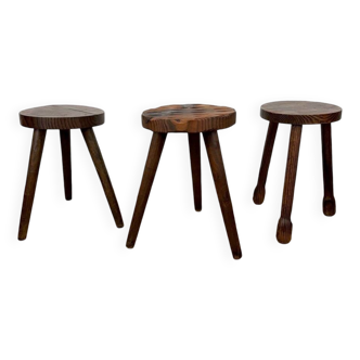 Trio de tabourets brutalistes bois massif