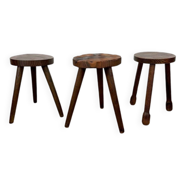 Trio of solid wood brutalist stools