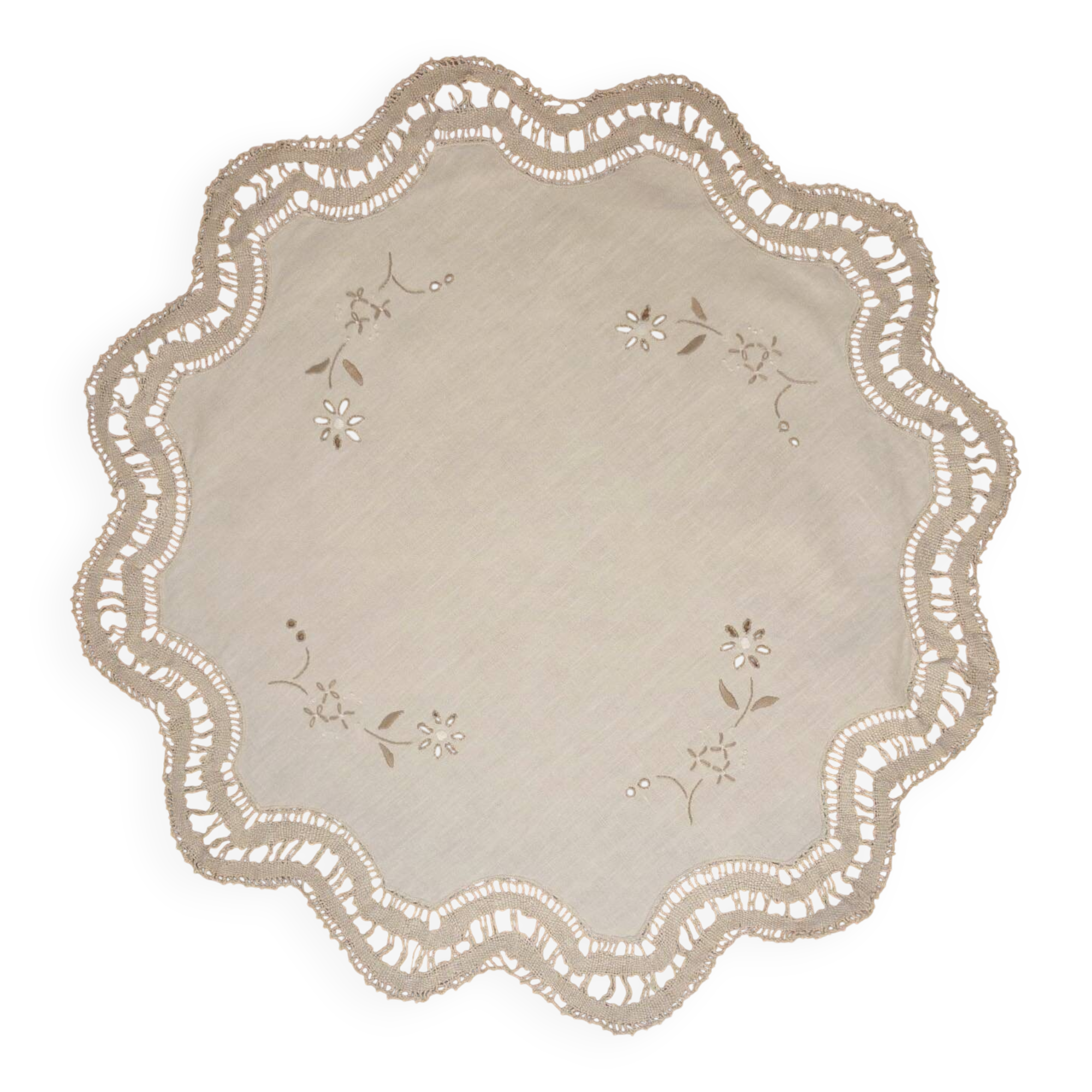 Round embroidered and crocheted doily