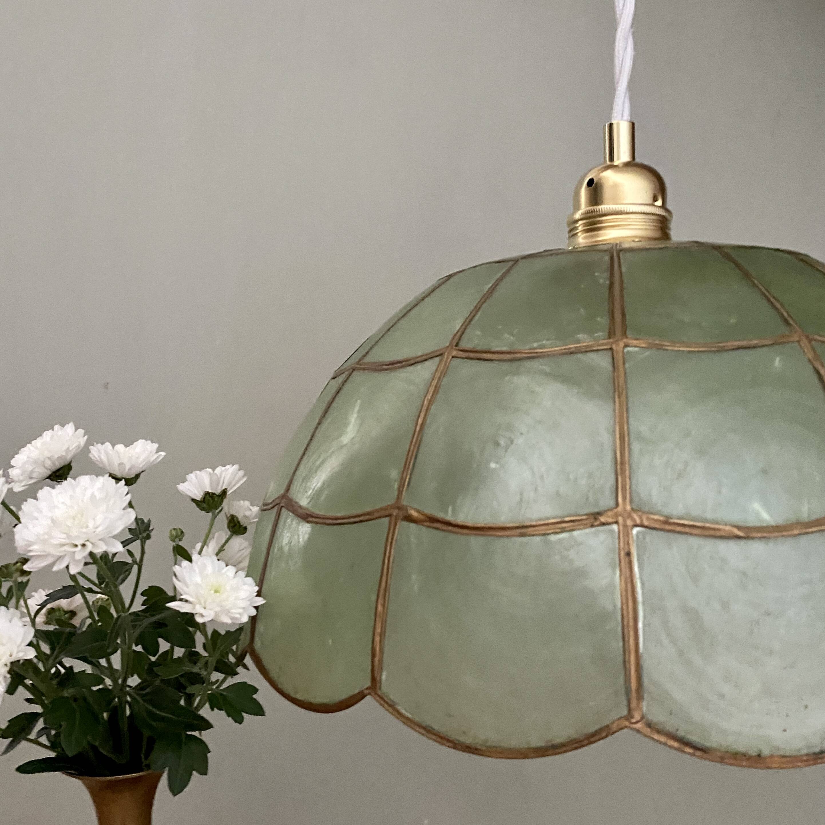 Suspension abat-jour vintage en nacre verte