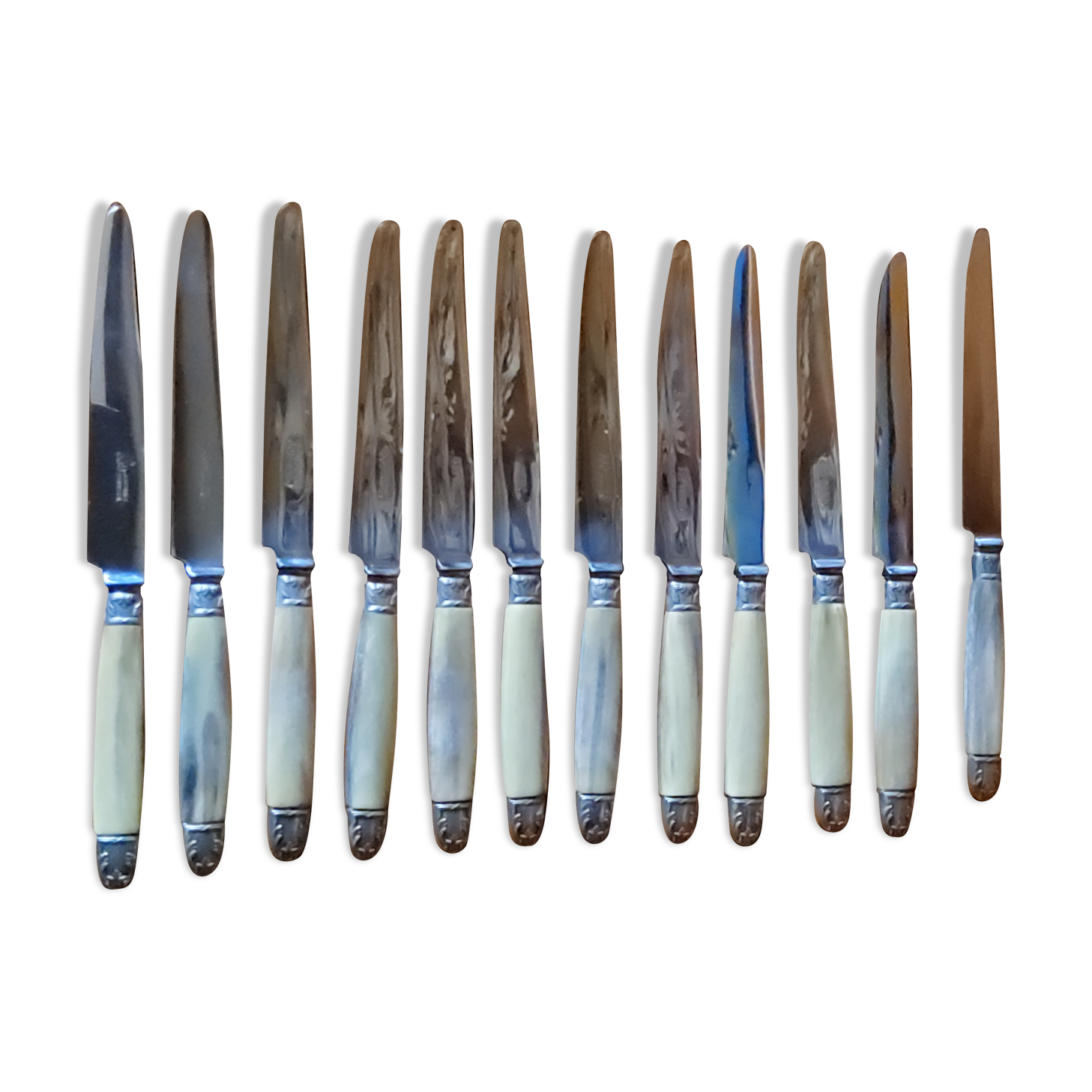 Box of 12 table knives goldsmith Apple handle horn and silver metal
