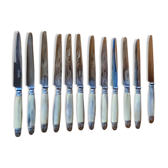 Coffret de 12 couteaux de table orfèvre Pommier manche corne et métal argenté
