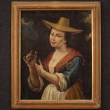 Italian Framework Portrait Of A Girl With A Goldfinch From 18th Century