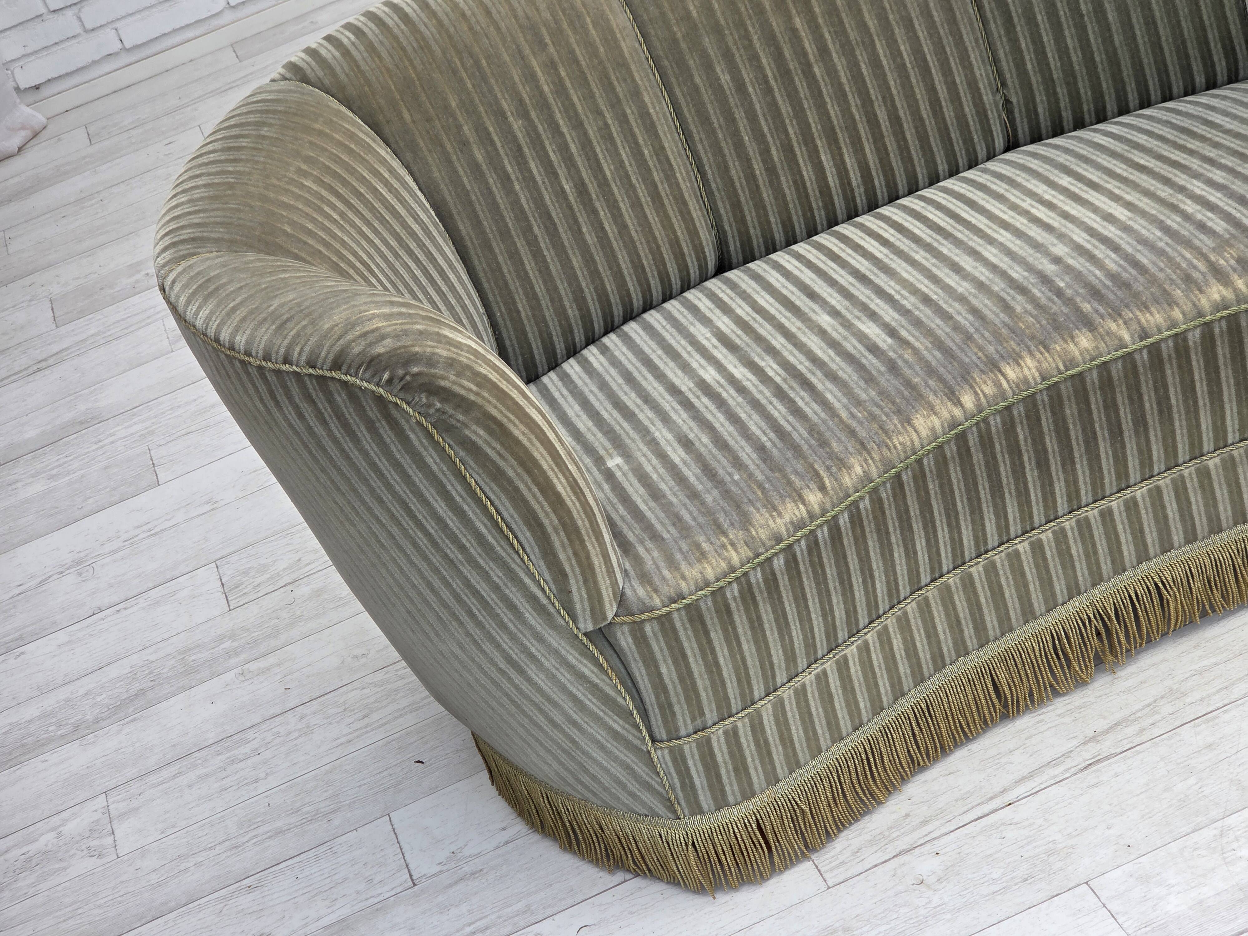 1970s, Danish 2-seater curved sofa, original furniture velour, beech wood.
