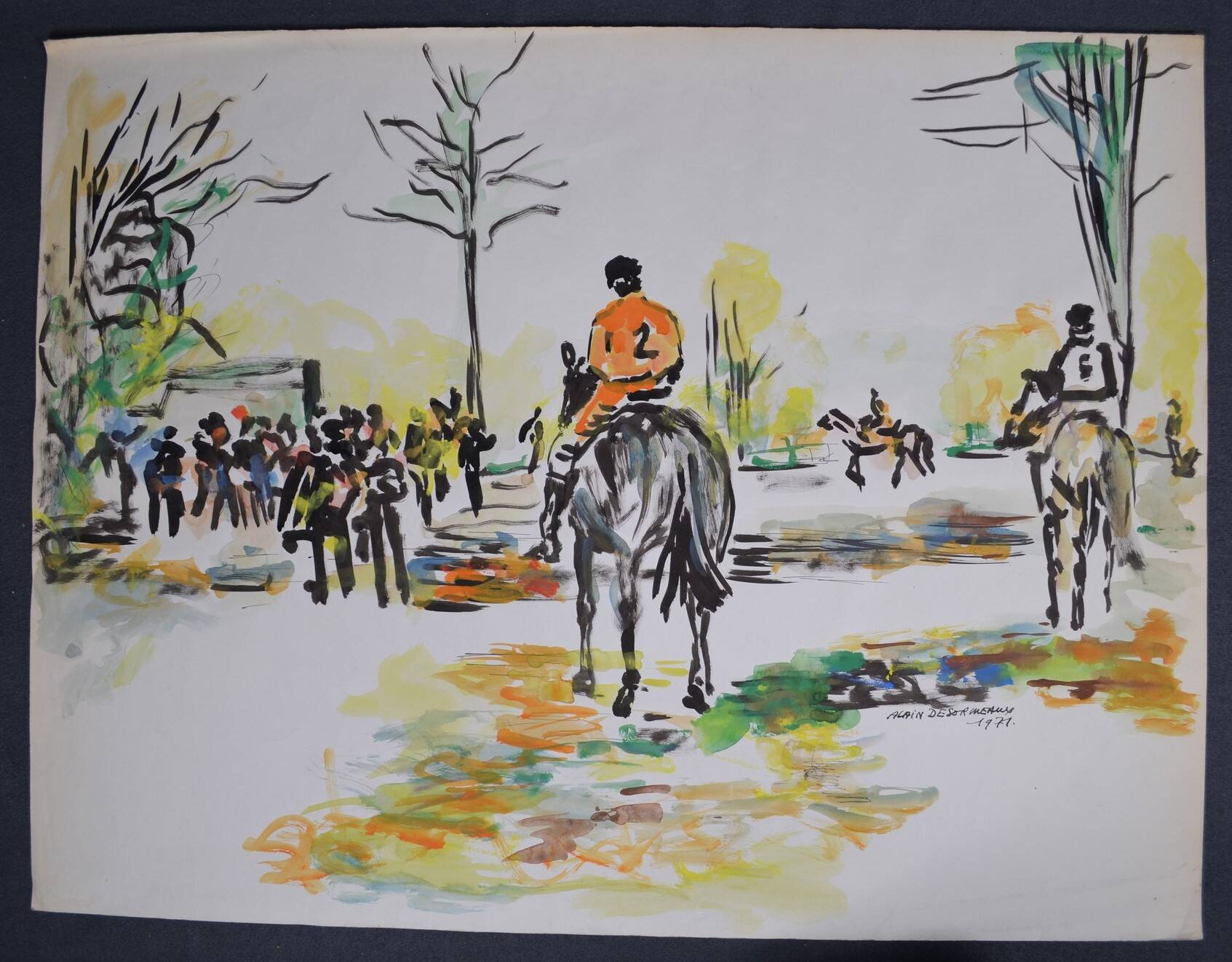 Alain Desormeaux (1931-2010) "The Riders" 1971 Oil on strong paper, signed and dated