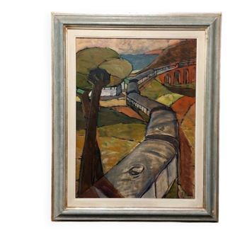 Oil painting on canvas "The Train" Franco Prayer (1924) 80 x 60 cm