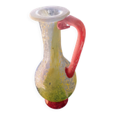 Vase vintage en verre à anse rouge – Décor moucheté vert et jaune