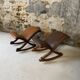 Set of 2 wooden and studded leather footrests