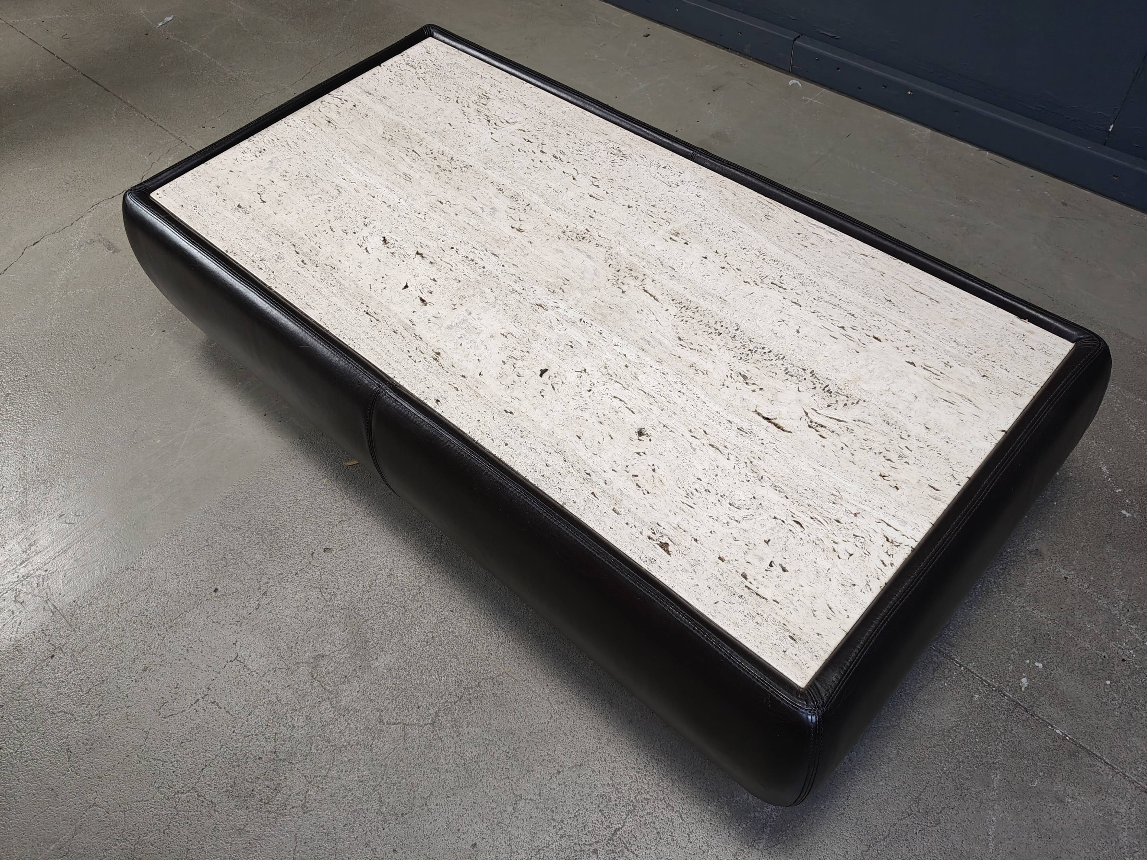 Leather and travertine coffee table attr to Desede, 1970s