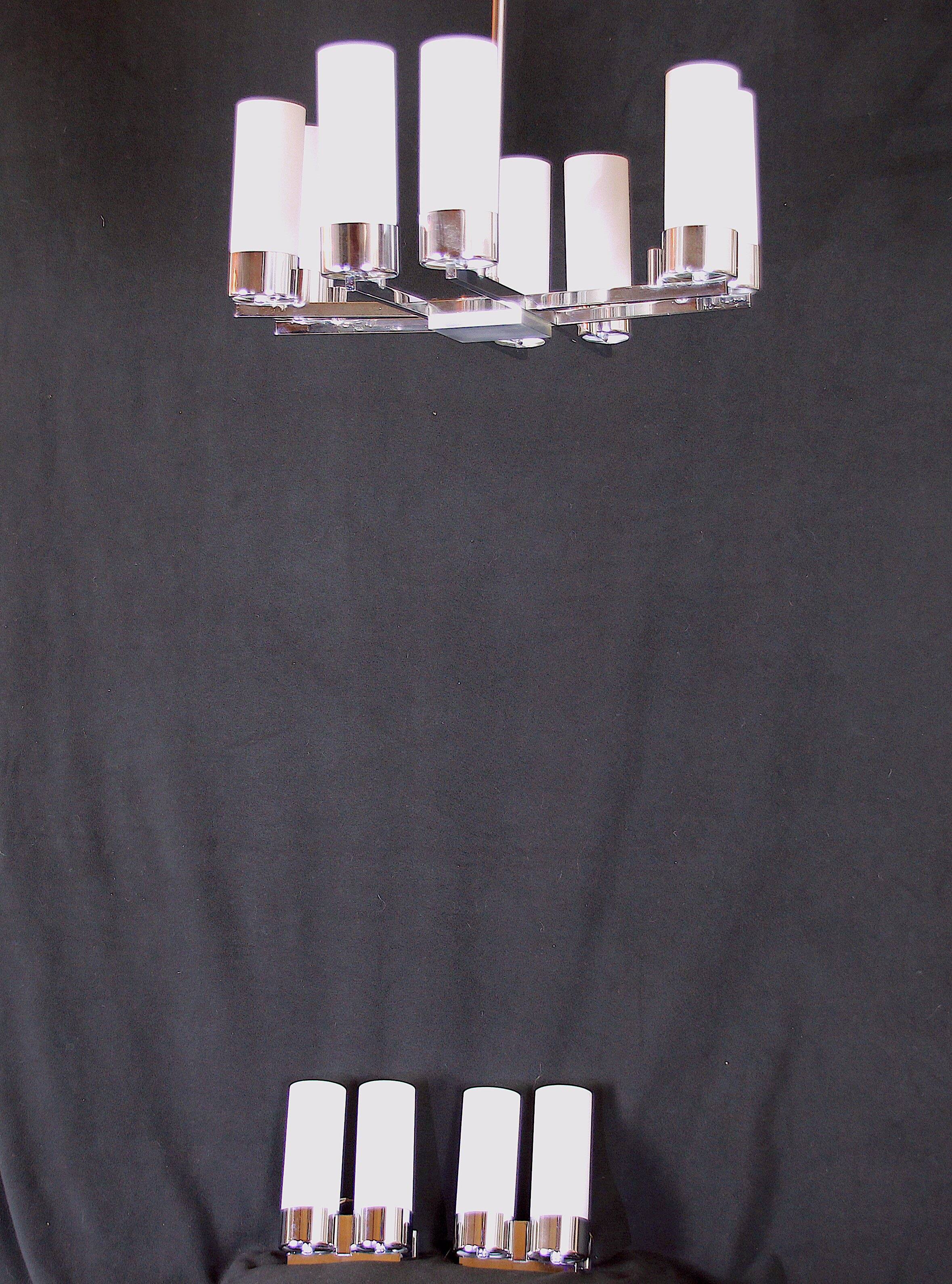 Pair of Modernist wall lights in chrome and double opaline metal, France, Mid-century.