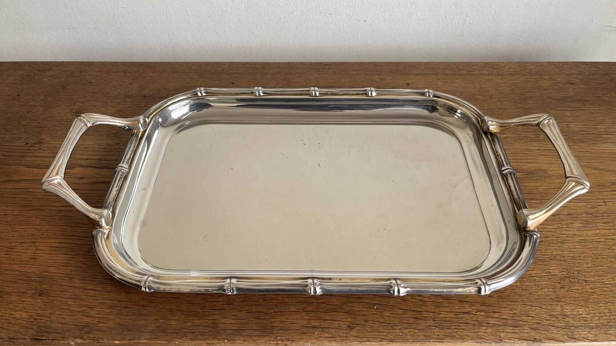 Silver-plated faux bamboo tray USA 1970 Hollywood Regency