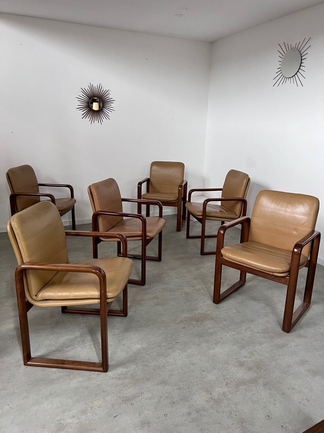Lot 6 chairs armrests vintage 70s Scandinavian design leather and wood