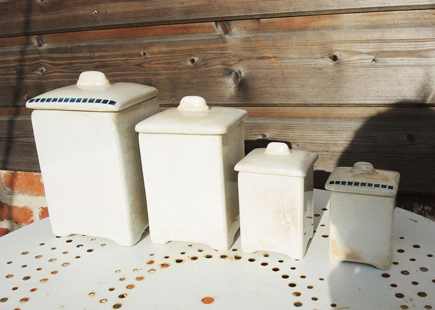 4 old art deco style earthenware kitchen pots