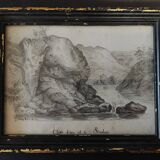 Dessin XIXème étude d'eau et de rochers