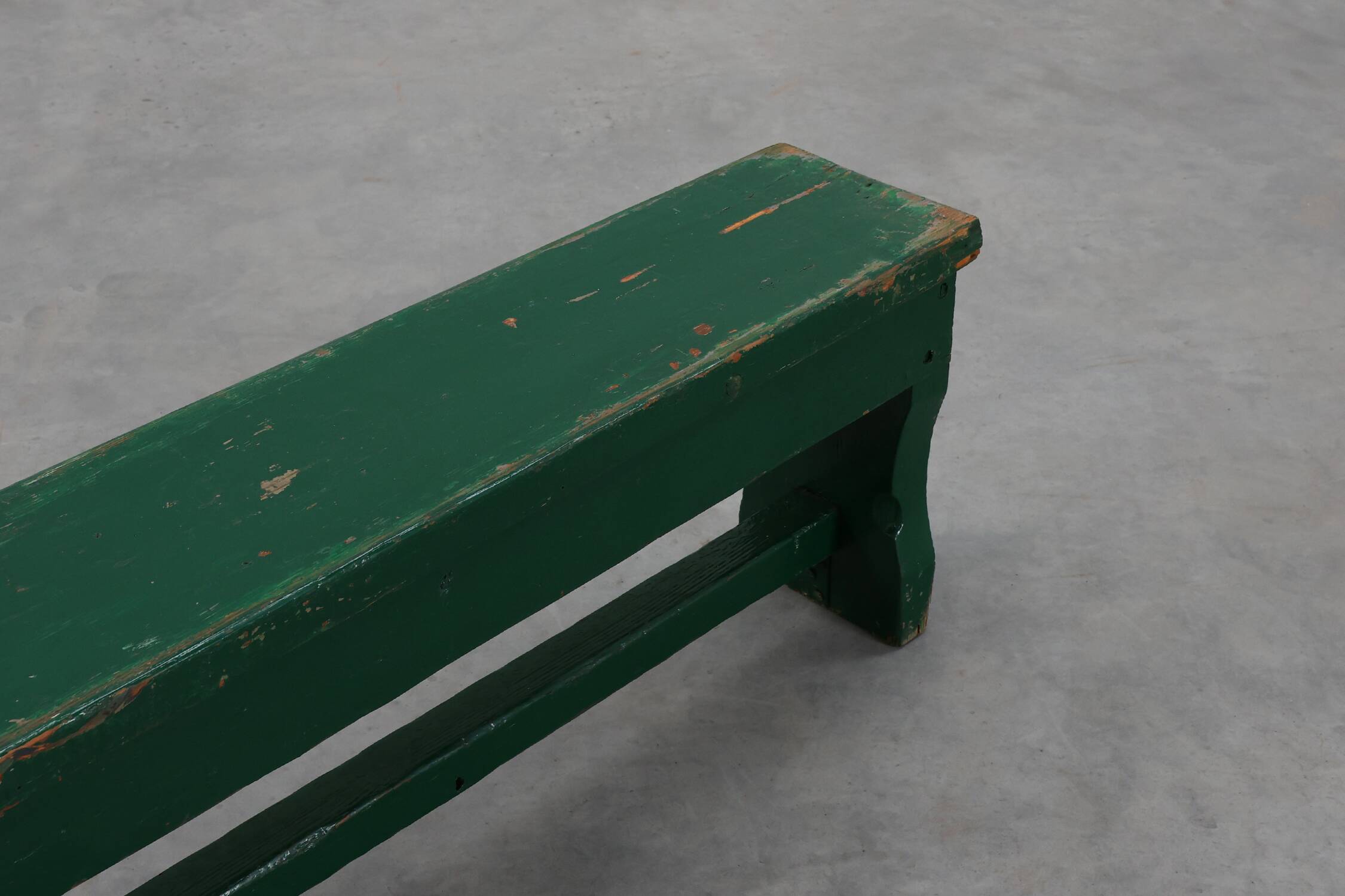 Rustic primitive green farmhouse bench in solid oak, France ca. 1900