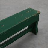 Rustic primitive green farmhouse bench in solid oak, France ca. 1900