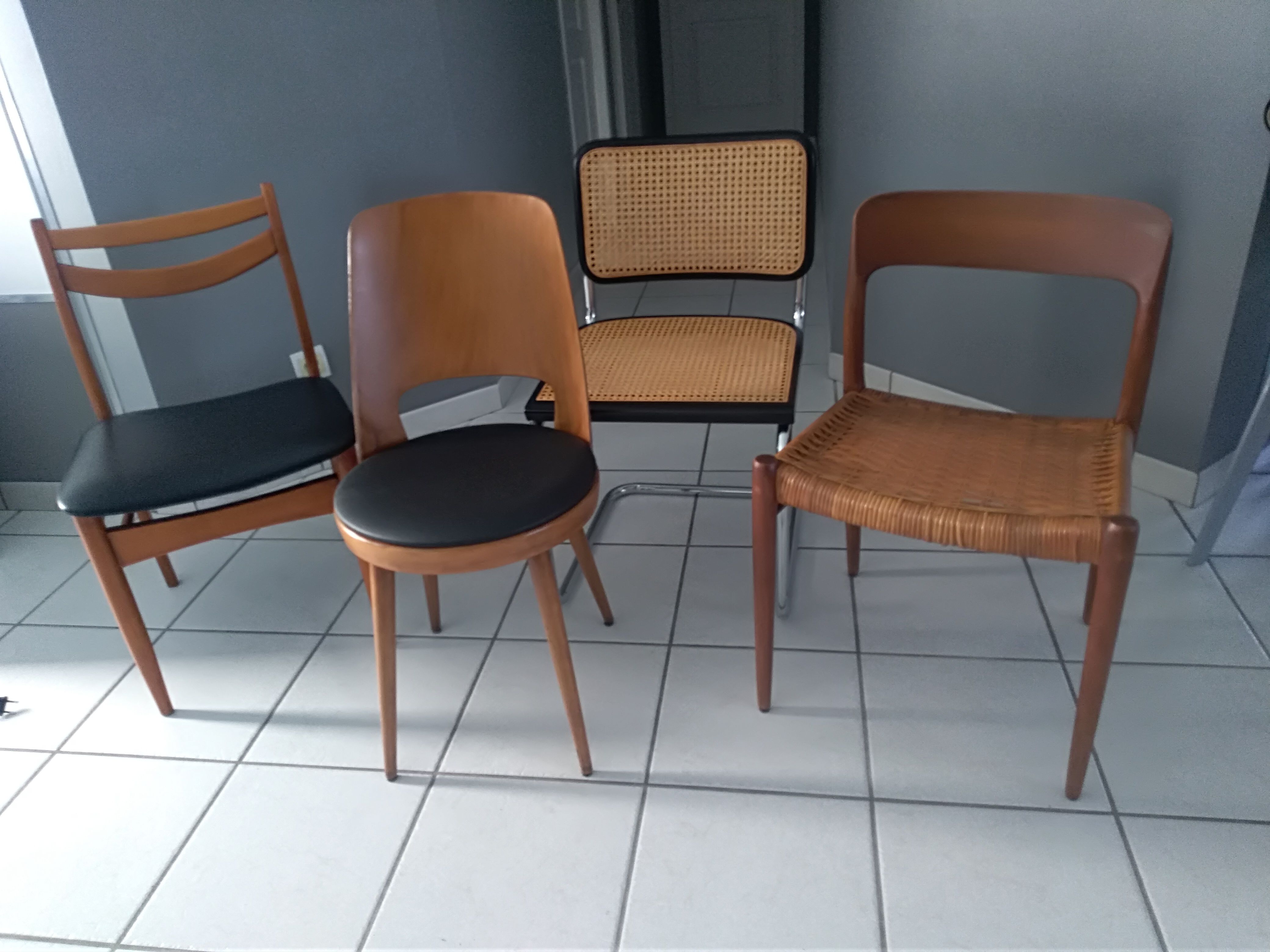 Suite of 4 mismatched vintage chairs Marcel Breuer, niels Otto Miller, Baumann Mondor and Samcom