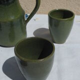 Green pitcher and 4 cups assorted terra cotta