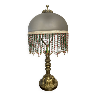 Lampe à poser bronze, opaline et pampille