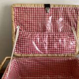 Large Suitcase, wicker picnic basket and red Vichy
