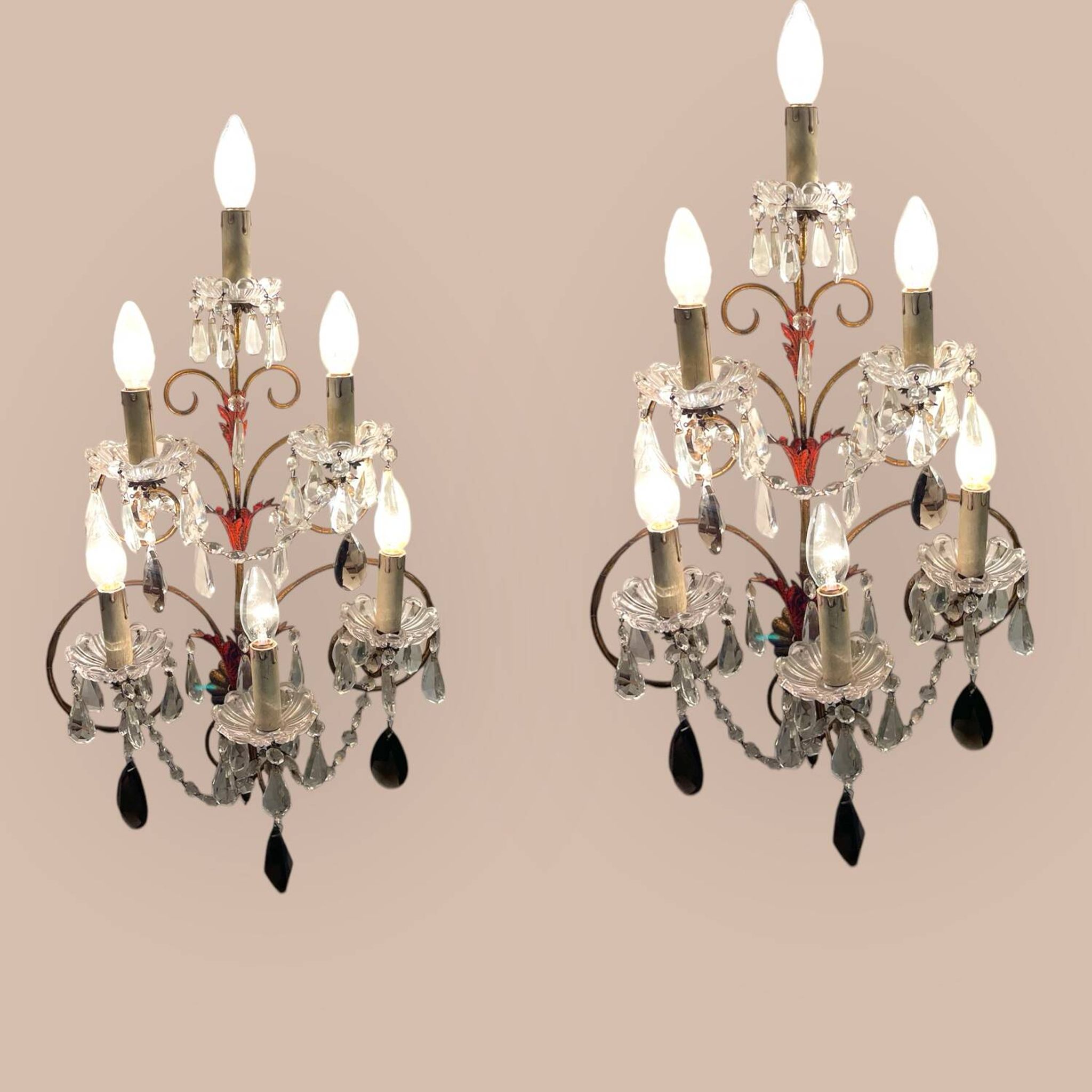 Florentine Tole Crystal Sconces Set of 2 1950’s