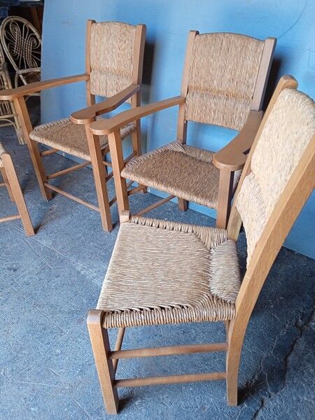 Lot 2 armchairs and 2 chairs design wood and straw period 1970