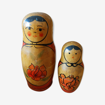 Duo de poupées russes anciennes vintage bois matriochka