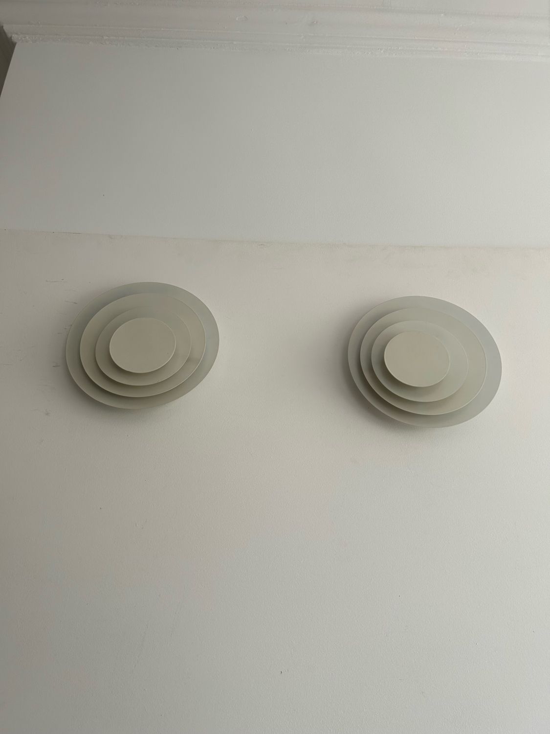 Pair of geometric vintage wall lamps, white lacquered metal, Germany 1970