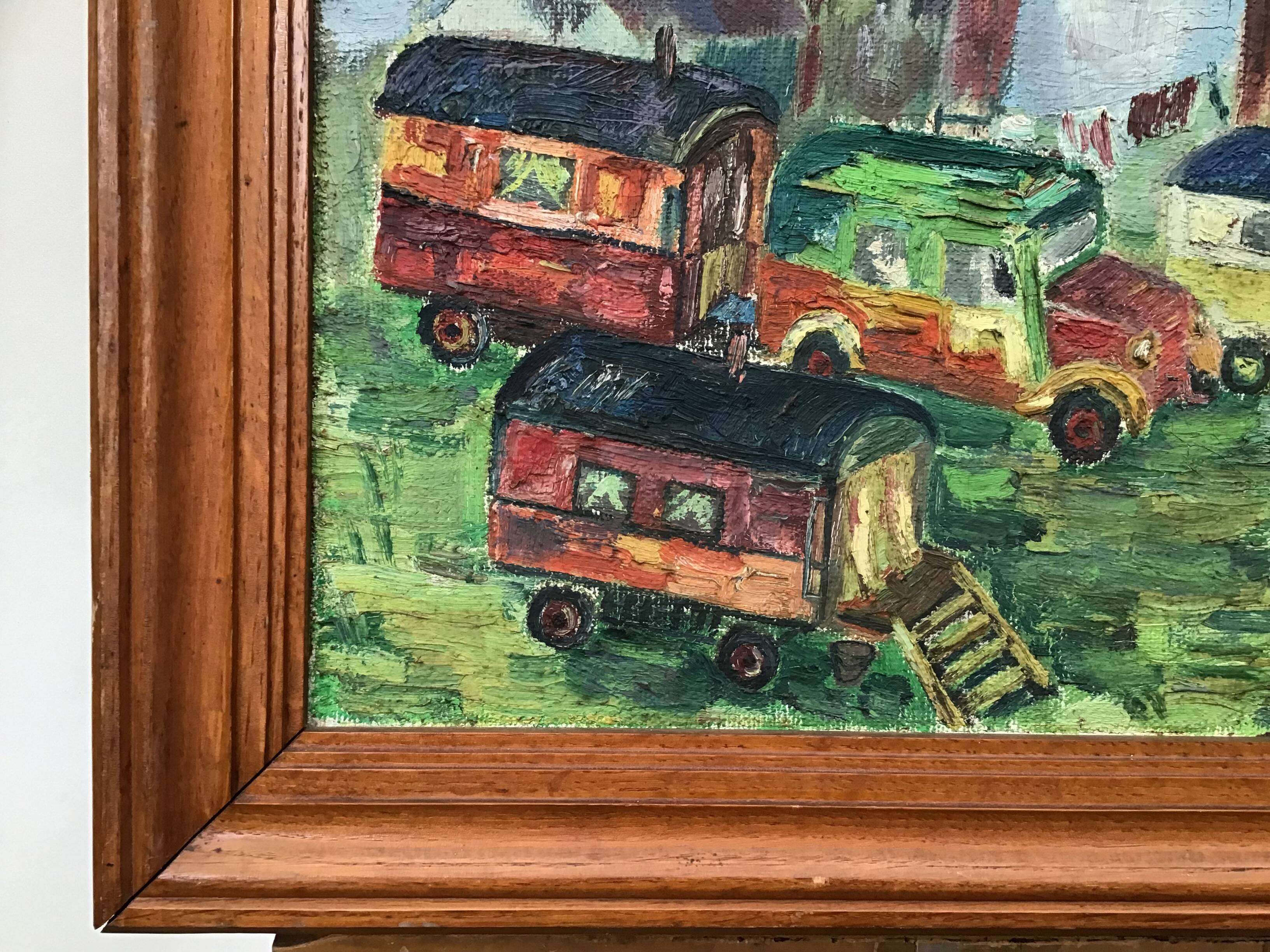 Oil on canvas representing a gypsy or fairground camp