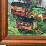 Oil on canvas representing a gypsy or fairground camp