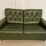 Vintage retro Danish 2 person olive green buttoned leather sofa 1970s