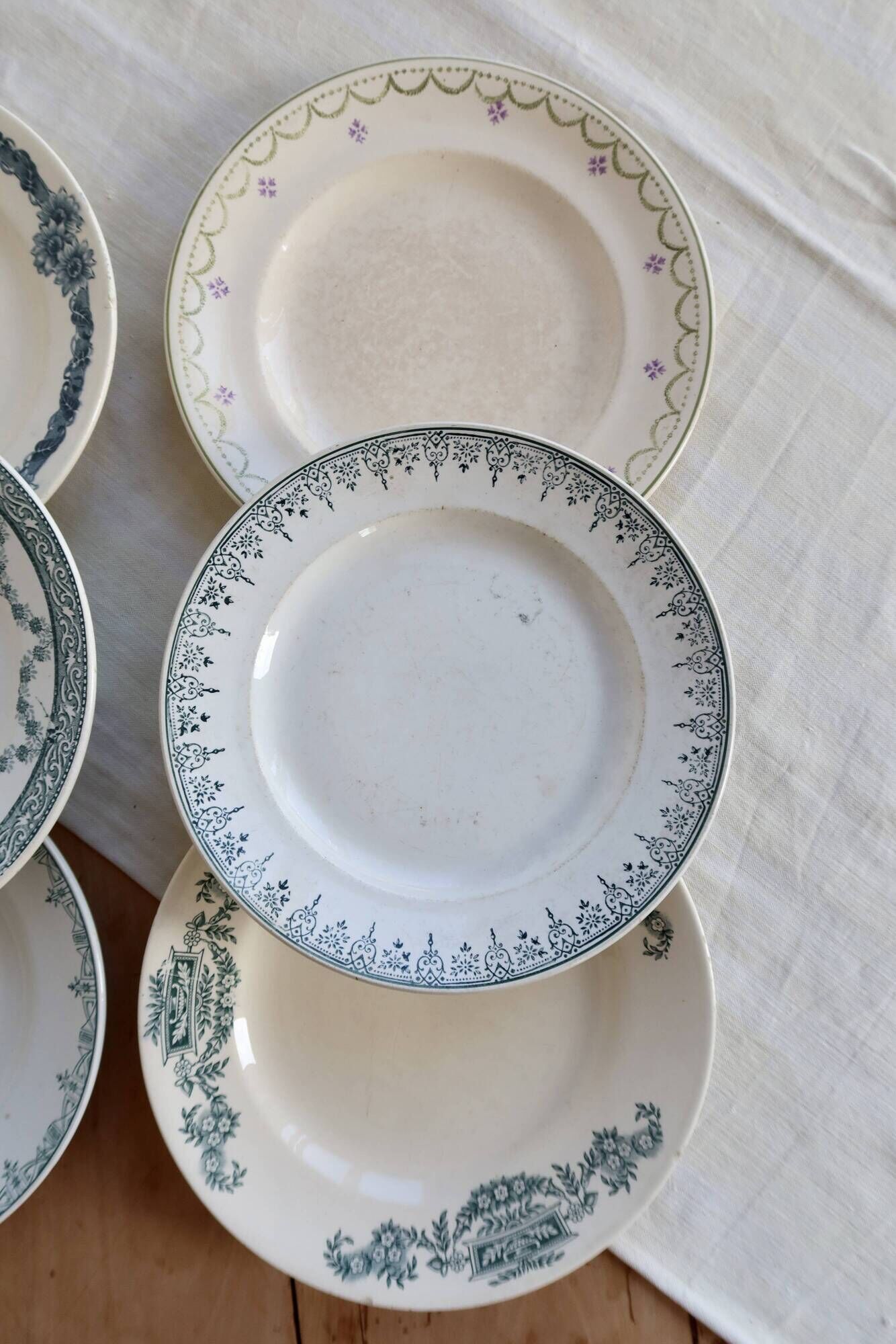 6 mismatched vintage ironstone plates – Green and blue patterns