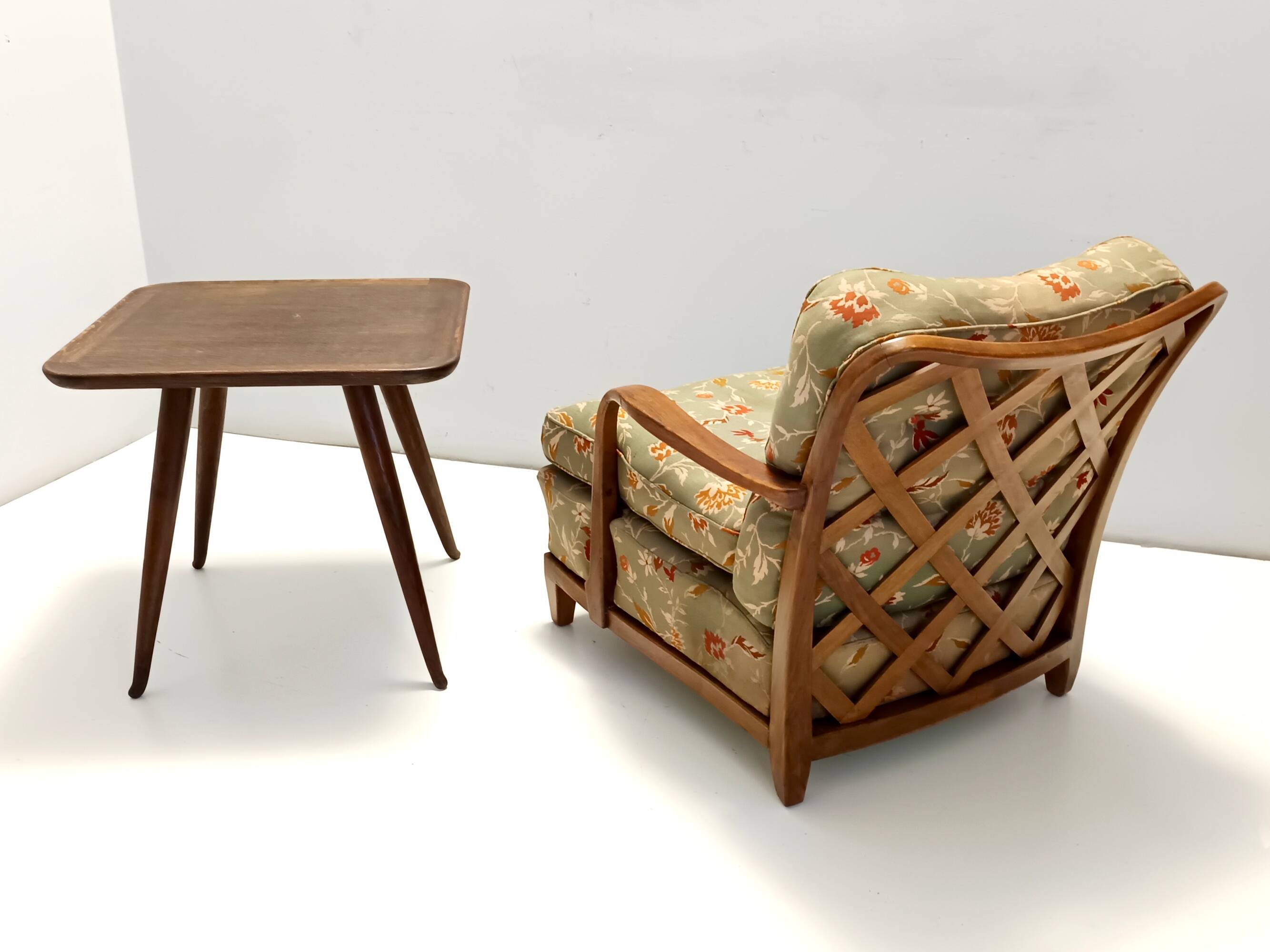 Pair of Olive Green Fabric Armchairs by Paolo Buffa with Walnut Frame